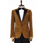 Wessi Leopar Desenli Slim Fit Dik Yaka Sarı Erkek Balo Ceket