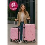 Wexta Valiz - Kabin & Orta & 2'li Set - Wx-300 Baskılı Şeker Pembe 2 'li Set Valiz