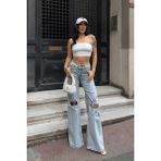 Whatsup Yüksek Bel Ispanyol Yırtık Detaylı Pantolon - Denim Denim - 29