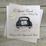 White Cotton Cards El yapımı "To Special Friends am Tag der Hochzeit Wishing You Alles Glück für die Glück für die Glück." Araba kartı, beyaz