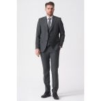 White Stone Gri Slim Fit Kalıp Yelekli Klasik Esnek Likralı Kapaklı Cepli Takım Elbise - 48