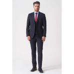 White Stone Lacivert Slim Fit Kalıp Yelekli Klasik Esnek Likralı Kapaklı Cepli Takım Elbise - 48