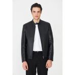 White Stone Siyah Kapitone Detaylı Fermuarlı Modern Hakiki Deri Ceket - 4XL