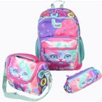 Wıa SW026 Kedili - 3' Lü Okul Çantası Seti - Sırt ve Beslenme Çantası + Kalemlik - 42 cm (yükseklik) x 30 cm (genişlik) x 15 cm (derinlik) - Pembe - Mavi