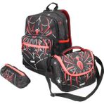 Wıa SW031 Örümcek - 3' Lü Okul Çantası Seti - Sırt ve Beslenme Çantası + Kalemlik - 42 cm (yükseklik) x 30 cm (genişlik) x 15 cm (derinlik) - Siyah - Kırımızı