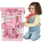 Wibo Lüks 3 Katlı Ahşap Oyuncak Bebek Evi 32 Parça | Doğal Ahşap | Mobilyalı Çocuk Oyun Seti - Pembe