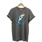 Widi Balıkçılık Levrek Balığı Baskılı Renkli Tasarım %100 Pamuk Regular Fit Bisiklet Yaka T-Shirt - Gri