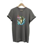WİDİ Fishing Balıkçılık Levrek Balığı Deniz Baskılı %100 Pamuk Regular Fit Bisiklet Yaka Gri T-shirt