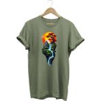 Widi Manzara Ağaç Güneş Dağ ve Nehir Baskılı %100 Pamuk Regular Fit Bisiklet Yaka T-Shirt - 2XL - Haki