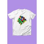 WİDİ Rubik Küp Baskılı Renkli Cool %100 Pamuk Kız Çocuk Erkek Çocuk Beyaz T-shirt