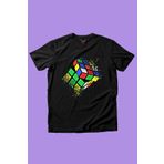 WİDİ Rubik Küp Baskılı Renkli Cool %100 Pamuk Kız Çocuk Erkek Çocuk Siyah T-shirt
