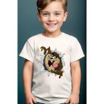 Widi Tazmanya Baskılı Regular Fit Kız Çocuk Erkek Çocuk %100 Pamuk Beyaz T-Shirt - Siyah - 13 - 14 Yaş
