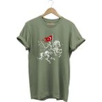 Widi Unisex Ay Yıldız Türk Bayraklı Atlı Savaşçı Tasarım Baskılı %100 Pamuk Bisiklet Yaka Basic T-Shirt - Haki - 3XL