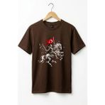 Widi Unisex Ay Yıldız Türk Bayraklı Atlı Savaşçı Tasarım Baskılı %100 Pamuk Bisiklet Yaka Basic T-Shirt - Koyu Kahverengi