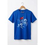 Widi Unisex Ay Yıldız Türk Bayraklı Atlı Savaşçı Tasarım Baskılı %100 Pamuk Bisiklet Yaka Basic T-Shirt - Mavi - 3XL