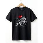 Widi Unisex Ay Yıldız Türk Bayraklı Atlı Savaşçı Tasarım Baskılı %100 Pamuk Bisiklet Yaka Basic T-Shirt - Siyah - XL