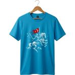 Widi Unisex Ay Yıldız Türk Bayraklı Atlı Savaşçı Tasarım Baskılı %100 Pamuk Bisiklet Yaka Basic T-Shirt - Turkuaz - XL