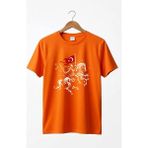 Widi Unisex Ay Yıldız Türk Bayraklı Atlı Savaşçı Tasarım Baskılı %100 Pamuk Bisiklet Yaka Basic T-Shirt - Turuncu