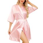 Wikoan Kadın İpek Sabahlık, Yumuşak Saten Kimono Düğün Elbisesi V Yaka Gelin Nedime Bornoz Gecelik S-XXL, pinguin gri, XL