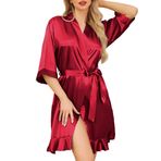 Wikoan Kadın İpek Sabahlık, Yumuşak Saten Kimono Düğün Elbisesi V Yaka Gelin Nedime Bornoz Gecelik S-XXL, Wine Red, XXL