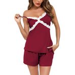 Wikoan Pijama Kadın Seksi Pijama Kısa Dantelli İki Parçalı Pijama Seti Yaz V Yaka Lounge Set Kısa Kollu Günlük Takım Kadın, Şarap Kırmızısı, M