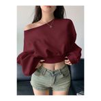 Wild Flower bordo Bol Kesim Dazy Kadın Düz Renk Asimetrik Yaka Uzun Kollu Kırpılmış Sweatshirt