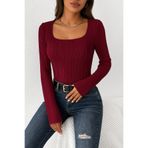 Wild Flower Bordo Elastanlı Beyaz Bluz Yüksek Bel Uzun Kollu Kare Yaka Örme Kumaş Bahar Sonbahar Kış Bluz