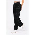 Wild Flower Kız Çocuk Siyah Ters Dikiş Detaylı Denim Kargo Pantolon Kot Jean
