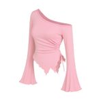 Wild Flower Pembe Uzun Kollu Asimetrik Yaka Drapeli Yan Bağlamalı Bluz Üst