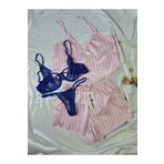 Wild Wake İkili Saten Pembe Çizgi Desenli Şort Pijama Takım+ Saks Mavi Tül Balenli Sütyen Takım Kombini