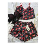 Wild Wake İkili SatenKiraz Desenli Şort Pijama Takım+ Kiraz Desenli Sütyen Takım Kombini