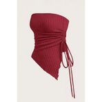 Wildco Bordo Fitilli Triko Asimetrik Kesim Straplez Bluz, Bordo Fitilli Triko Straplez Ayarlanabilir Bağcık