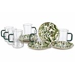 Willow Zarif Çay Seti, Cam Bardak ve Porselen Tabak, Yeşil Çiçek Desenli, 6'lı Set, 180ml