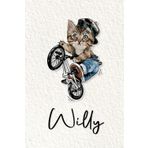 Willy: Cahier personnalisé avec prénom Willy | Cadeau d'anniversaire pour enfant, garçon, homme, copain ... | Chat à bicyclette | 110 pages lignée, Petit Format 6x9 pouces (15,24 x 22,86 cm)