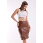 Win Moda Deri Etek Yırtmaçlı Midi - Kahverengi - S