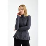 Win Moda Kadın Dik Yaka Tam Fermuarlı Spor Ceket – Volan Detaylı, Parmak Geçmeli | Xs-2xl - Koyu Gri