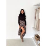 Win Moda Yeni Sezon Kadın Kemerli Ekose Midi Etek Önden Düğmeli Kemerli Çan Kesim Mevsimlik Tam Kalıp S/xl 4 Renk - Kahve