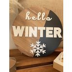 Windly Concept Hello Winter Kış Temalı Ahşap Duvar Dekoru Dekoratif Yılbaşı Süsü Ahşap Duvar Süsü 30 cm çap Siyah beyaz