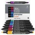 Winsor & Newton 0290126 ProMarker fırça, çizimler, kaligrafi, tasarım ve düzen için, kama ve fırça uçlu çizimler, 6 renkli set, zengin tonlar