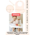 Wintoup Kaymaz Sağlıklı Önlük Diş Kaşıyıcılı Kaşık Vakumlu Tabak 3 Parça Silikon Bebek Beslenme Seti Krem