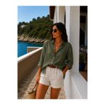 Wise&Go Store Kadın Haki Yeşili Oversize Keten Görünümlü Gömlek Rahat Kalıp Yazlık Gömlek