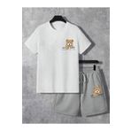 Wish BF Teddy Bear Baskılı Oversize Salaş T-Shirt & Şort Takım-Siyah Beyaz Yazlık Alt Üst 2'Ii Şortlu Takım