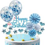 witgift Pasta dekorasyonu, yıldızlı kalp pasta dekorasyonu, pasta süsü, doğum günü pastası, dekoratif pasta kapağı, Happy Birthday pasta dekorasyonu, konfeti balon ve kağıt yelpazeler, pasta dekorasyonu (mavi)