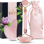 WITTY Yüz için gül kuvars rulo, Gua Sha taşı seti, elle çizilmiş hediye kutusunda, yeşim yüz rulosu, yüz masajı rulosu, yüz kazıyıcı aleti, yüz silindiri, cilt bakımı, gözler, boyun için Guasha aleti - ekstra kese