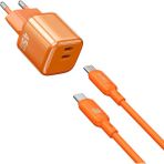 Wiwu WI-G025 Cube Serisi 47W Type-C To Type-C Gan Tech Hızlı Şarj Özellik Kablolu Şarj Seti Turuncu