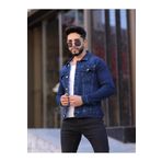 WKM Erkek Lacivert Jean Denim Standart Kalıp Cepli Düğmeli Kot Ceket