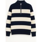 Wkm Regular Fit Erkek Dik Yaka Yarım Fermuarlı Çizgili Triko Kazak - Lacivert - XL