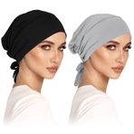 wlertcop 2'li paket türban kadın kadın alt başörtüsü kep alt başörtüsü klasik sarkık bere İslami Müslüman kravat arka düz renk tesettür bere baş örtüsü kemo baş örtüsü uyku şapkası, Siyah + açık gri., 32-33