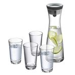 WMF Basic su sürahisi seti, 5 parça, sürahi 1 l, 4 su bardağı, 250 ml, kapaklı cam sürahi, silikon kapaklı, CloseUp kilit
