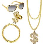 WnlahuWA 4 adet dolar kolye, dolar zincir seti, hip hop kostümü, rapçi aksesuarı, rapçi yüzük gözlüğü, 80'li yıllar, 90'lı yıllar, faşing karnaval için rapçi aksesuarı
